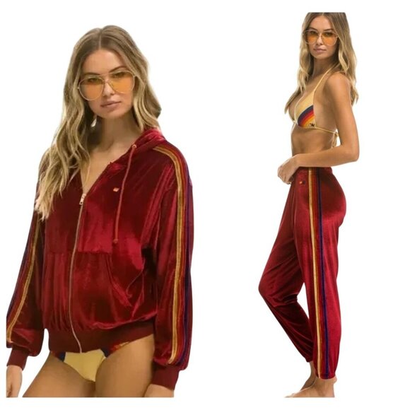 AVIATOR NATION 5 Stripe Velvet Tracksuit Zip Hoodie Jogger Set Sz S Top M Pants - Picture 1 of 11